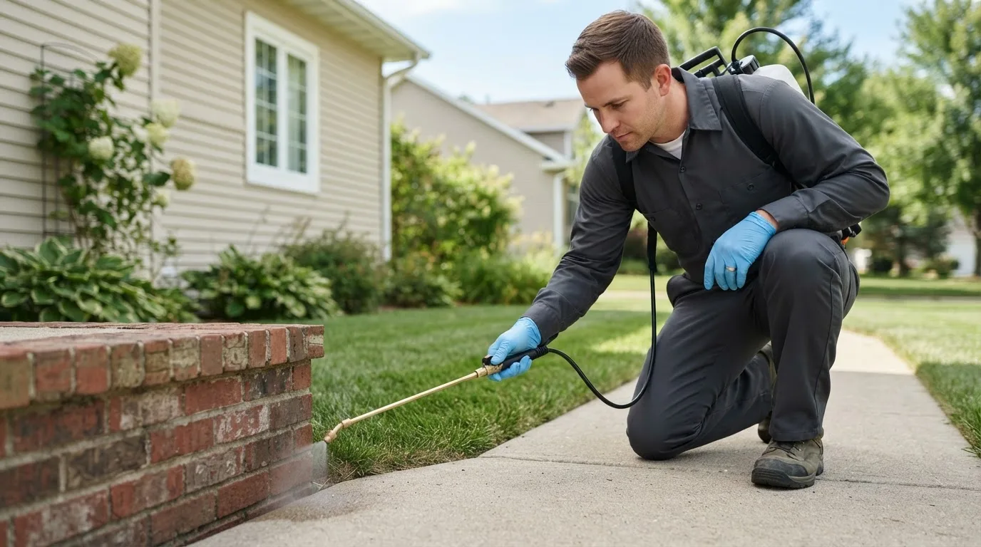 Pest control technician treating a home near Banquete, TX