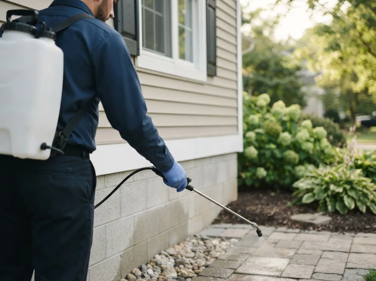 Pest control technician inspecting a home in Banquete, TX
